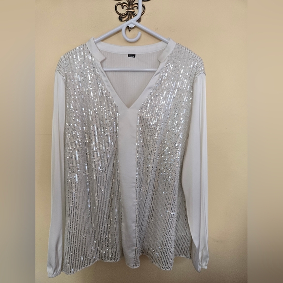 Tops - Silver Sequin V-Neck Blouse